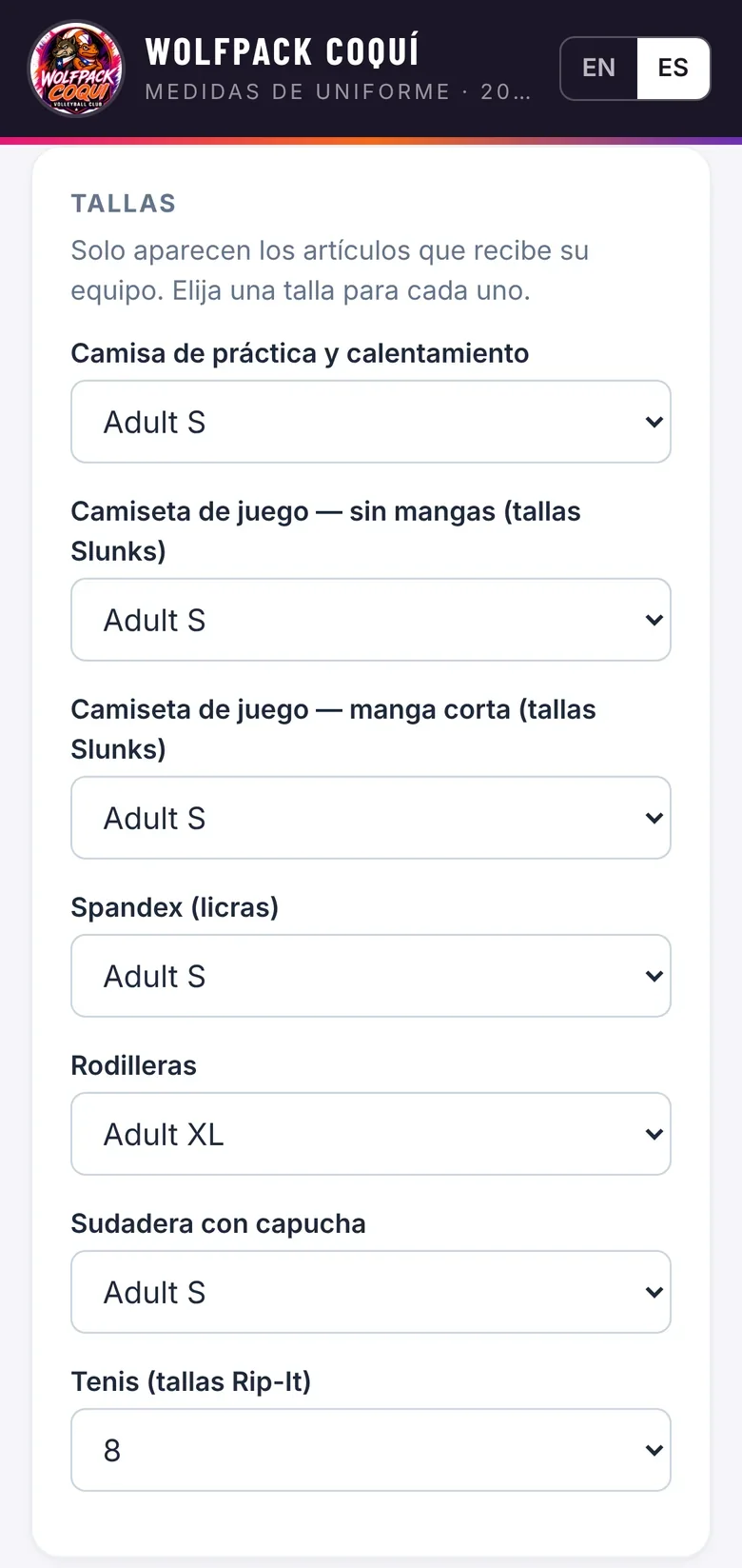 Uniform sizing form in Spanish on a phone