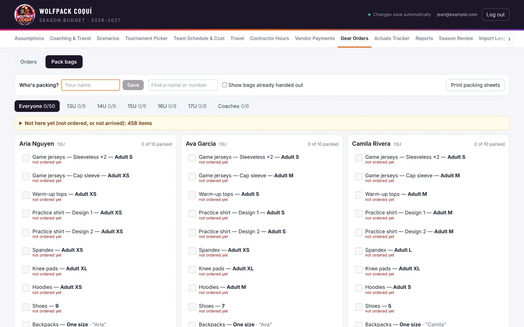 Pack bags screen with a checklist of every item and size per athlete