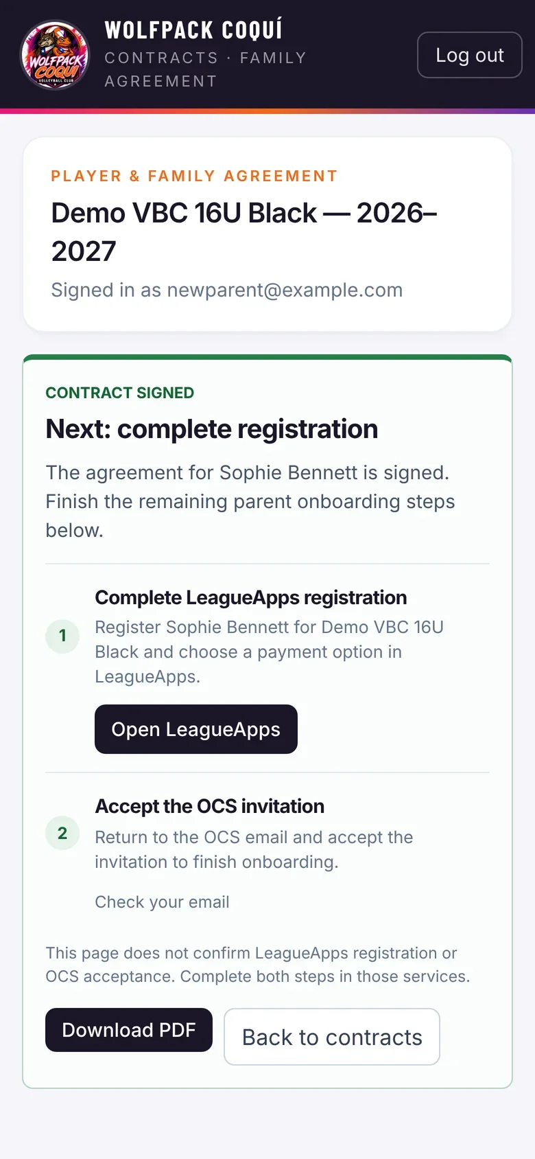 Contract signed confirmation with next steps and PDF download